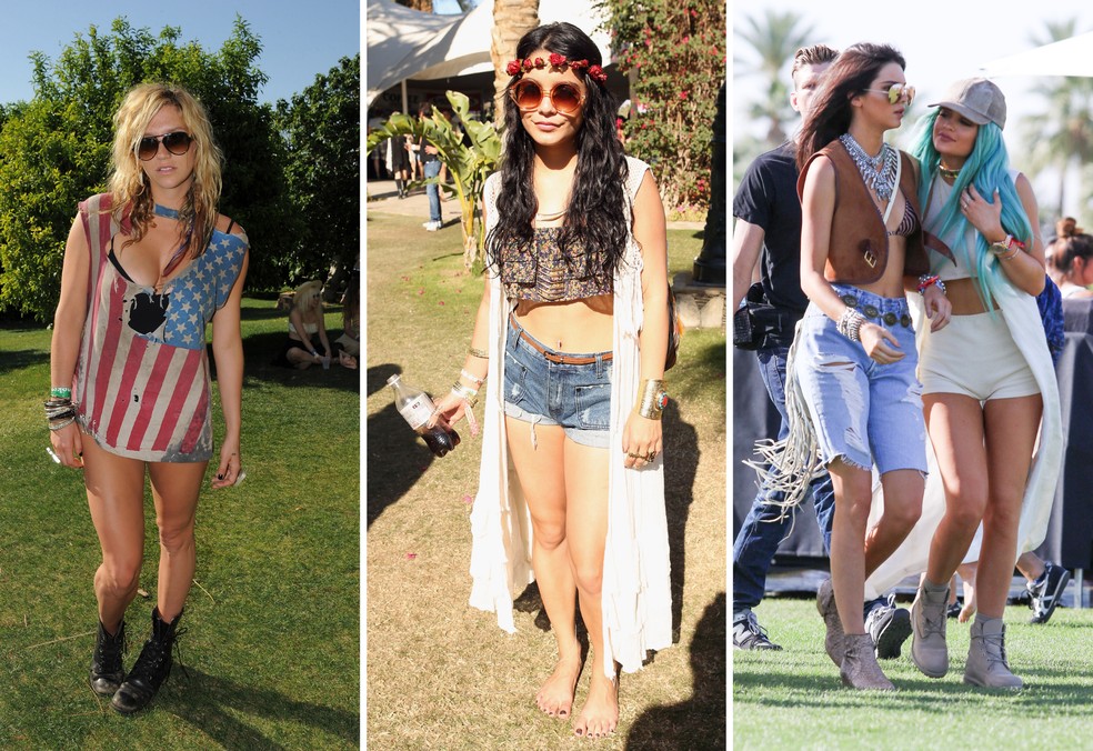 Coachella: Ke$ha (2011), Vanessa Hudgens (2012) e Kendall e Kylie Jenner (2015) — Foto: Getty Images