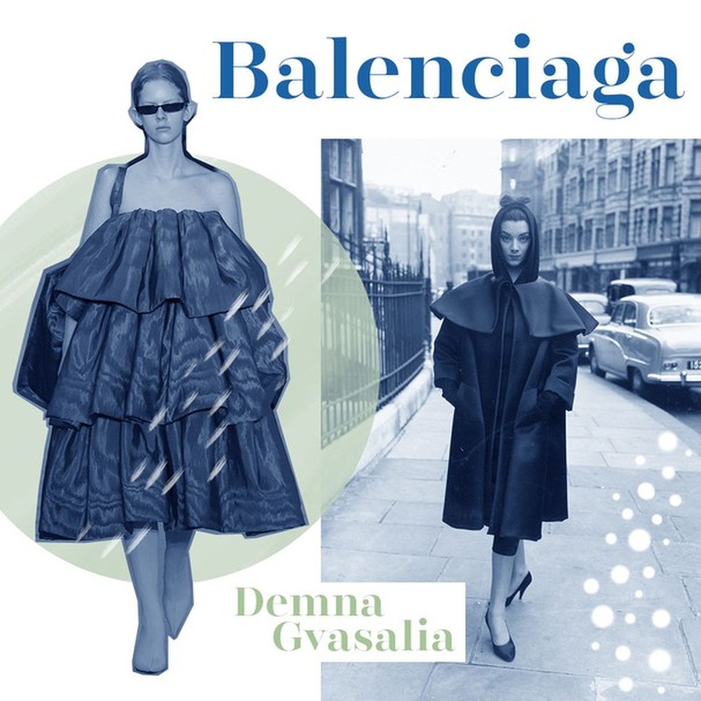 Look Balenciaga assinado por Demna Gvasalia (esquerda) e look Balenciaga assinado pelo fundador da marca, Cristóbal Balenciaga | Foto: Getty Images/Reprodução  — Foto: Glamour