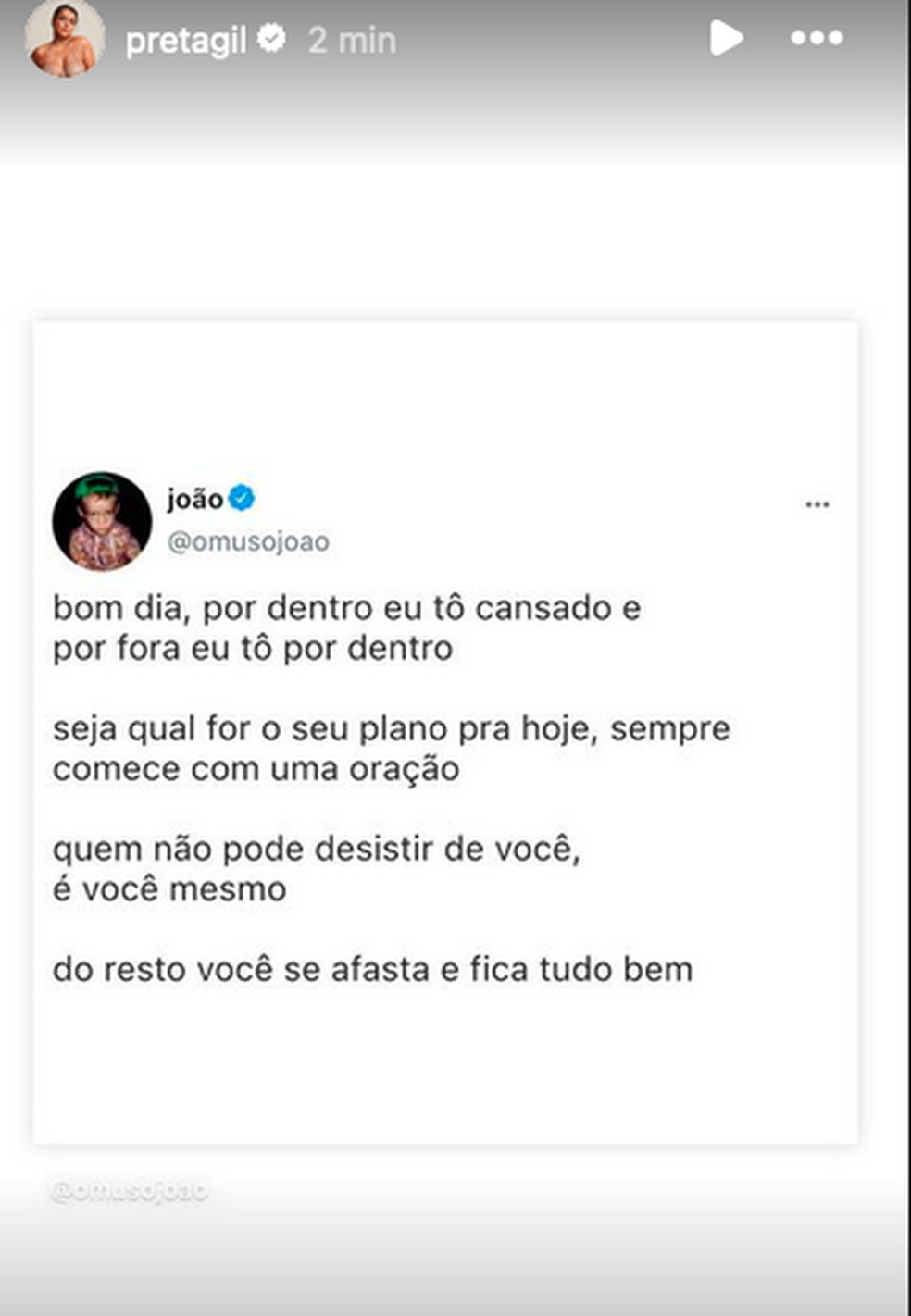 Preta Gil reposta mensagem — Foto: Reprodução/Instagram
