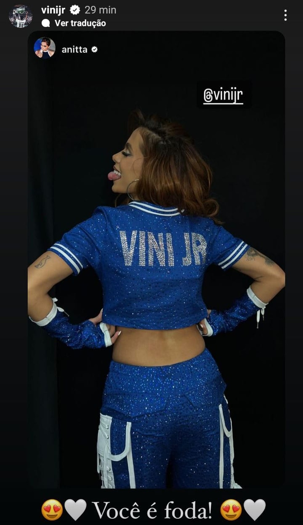 Vini Jr. agradece homenagem de Anitta — Foto: Reprodução/Instagram