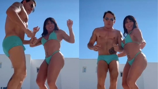 Em novo vídeo,Gretchen dança de biquíni com marido na Grécia e rebate internauta que os chamou de "estranhos"