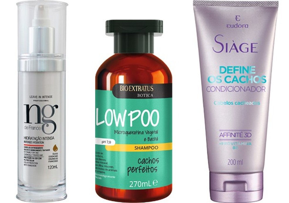 Leave-in intenso, R$ 89, NG de France; Xampu Low Poo, R$ 33, BioExtratus; Condicionador define cachos, R$ 22, Eudora (Foto: Divulgação) — Foto: Glamour