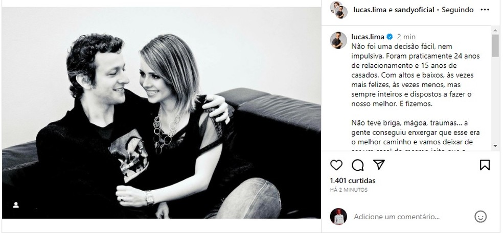 Sandy e Lucas Lima anunciam separação — Foto: Reprodução/Instagram