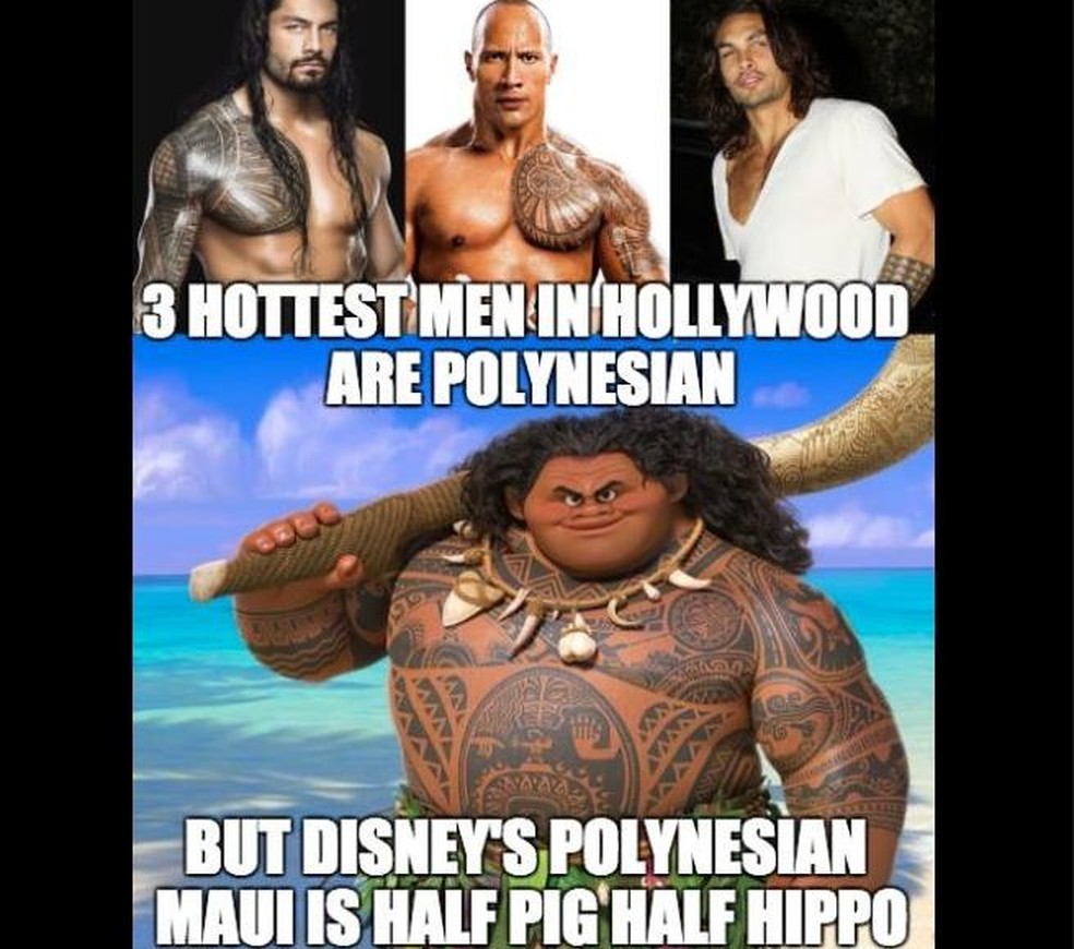 Meme compara o personagem a outros ícones da Polinesia (Foto: Reprodução/Facebook) — Foto: Glamour