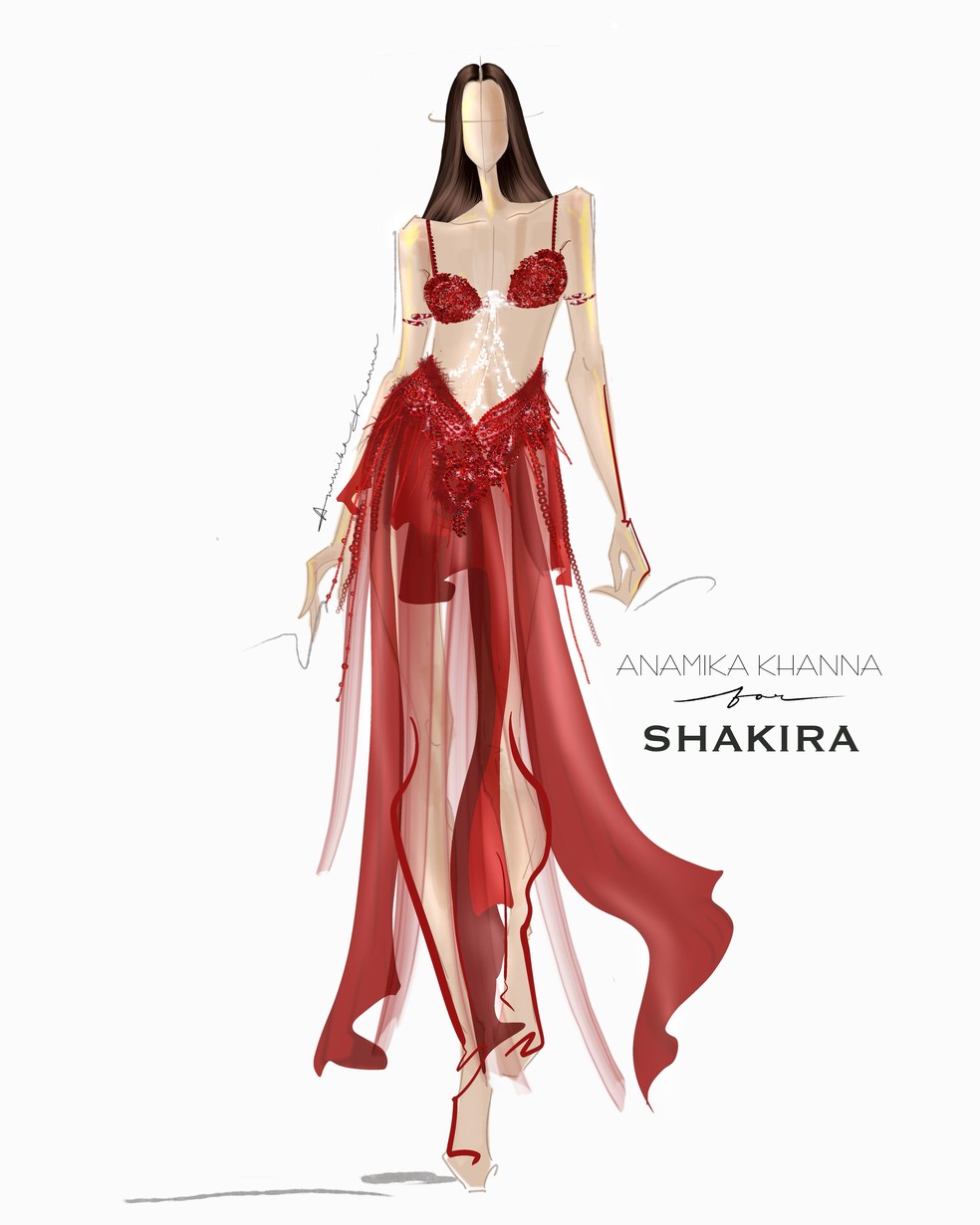 Croqui assinado por Anamika Khanna para turnê mundial de Shakira — Foto: Divulgação