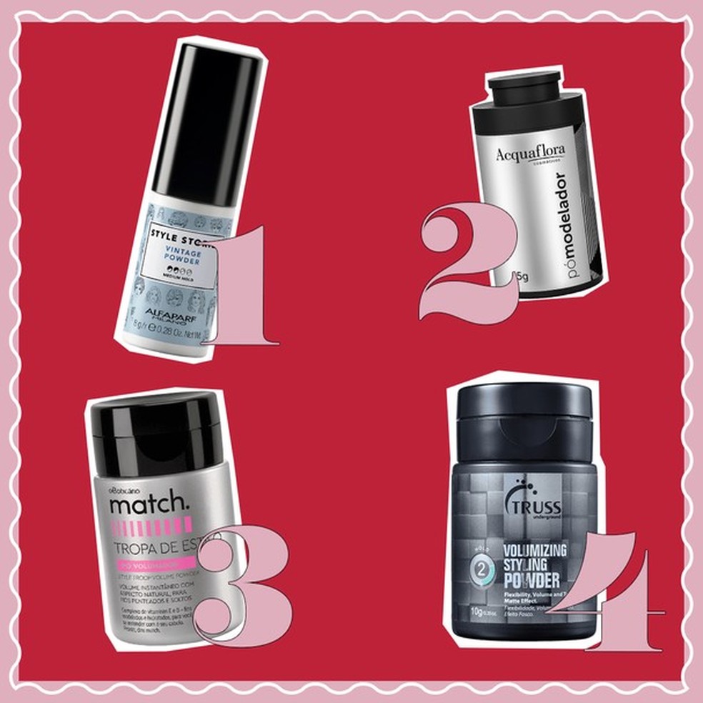 1. Pó Texturizante Capilar, Alfaparf Milano, R$ 100; 2. Pó modelador, Acquaflora, R$ 40; 3. Pó Volumador Match, O Boticário, R$ 45; 4. Volumizing Styling Powder, Truss, R$ 102 (Foto: Divulgação) — Foto: Glamour