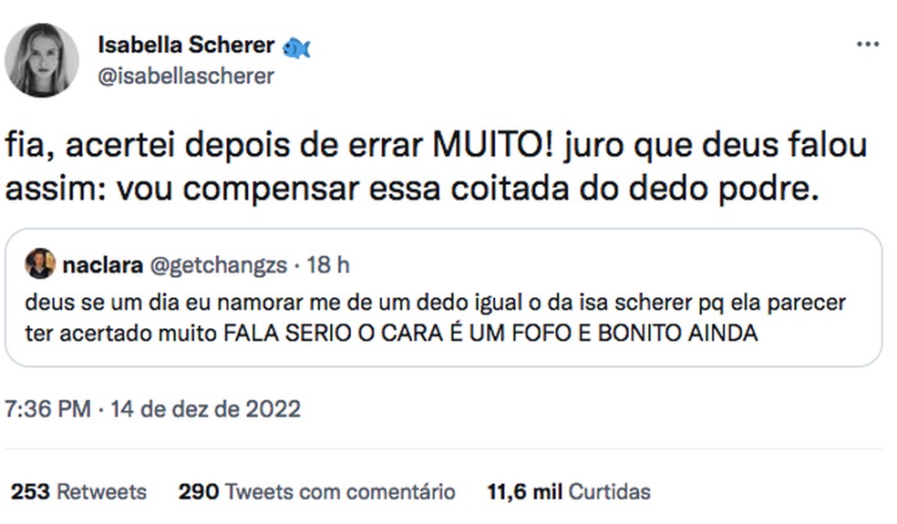 Isa Scherer fala que antes de Rodrigo Calazans tinha o dedo podre: "Acertei depois de errar muito” — Foto: Reprodução/Twitter