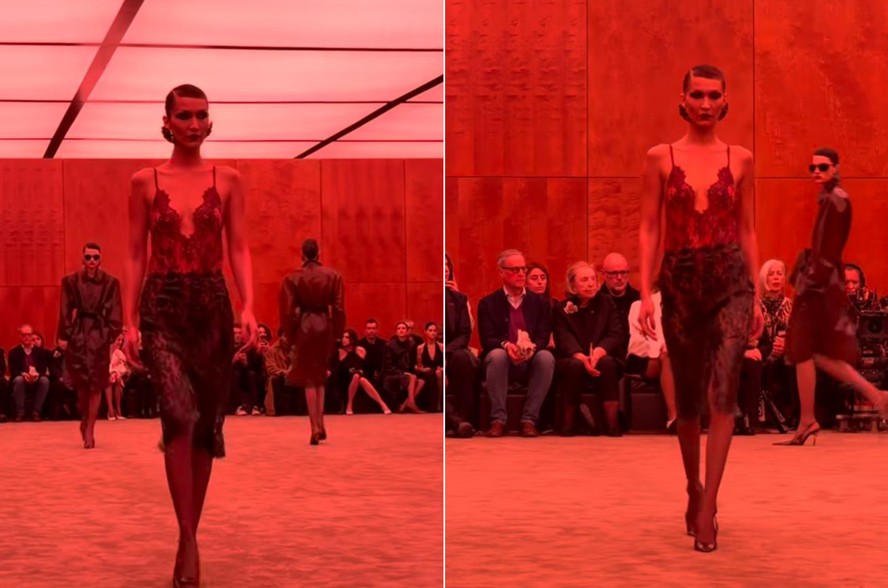 Bella Hadid volta à Paris Fashion Week com look de renda transparente