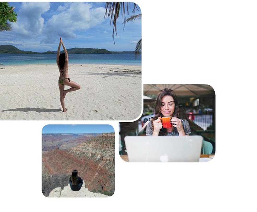 Acima, Fê nas Filipinas. No meio, curtindo o Grand Canyon e, à dir., num café em SP. “O que mudaria? Não aceitaria trabalhar durante o sabático” (Foto: Divulgação) — Foto: Glamour