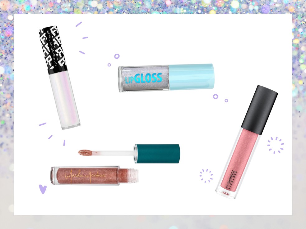 Glosses labiais com glitter para o carnaval  — Foto: Divulgação. Arte: Victoria Polak