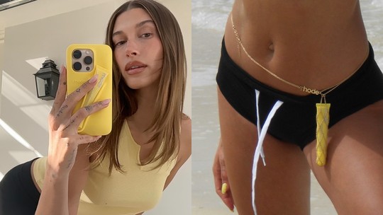 Body chain para levar o lip balm? Hailey Bieber dita nova tendência após sucesso das cases de celular
