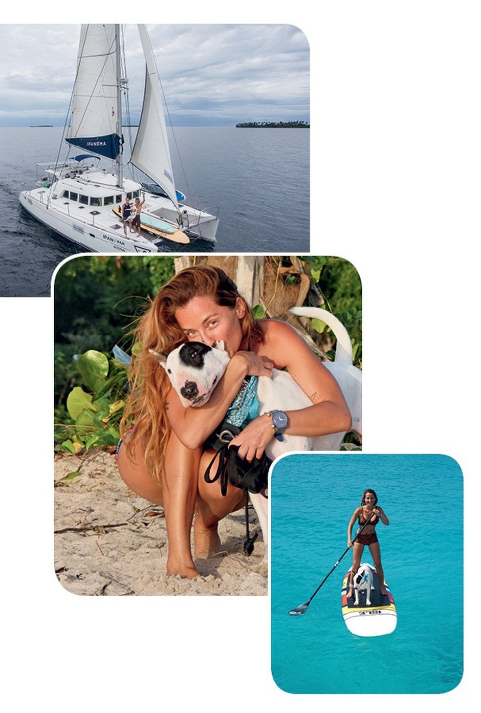 Acima, o barco do casal, que foi batizado de Ipanema, bairro carioca onde se conheceram. No meio, Sarah com Feijão em Antígua e, abaixo, os dois no mar de San Blas. "Queríamos um cachorro que protegesse o barco, mas ele é preguiçoso e zero protetor”, diz Sarah — Foto: Glamour