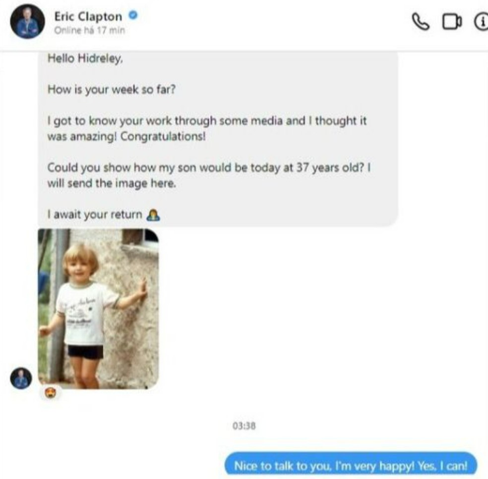 Eric Clapton pede que artista brasileiro crie imagem digital do filho que morreu em 1991 — Foto: Instagram