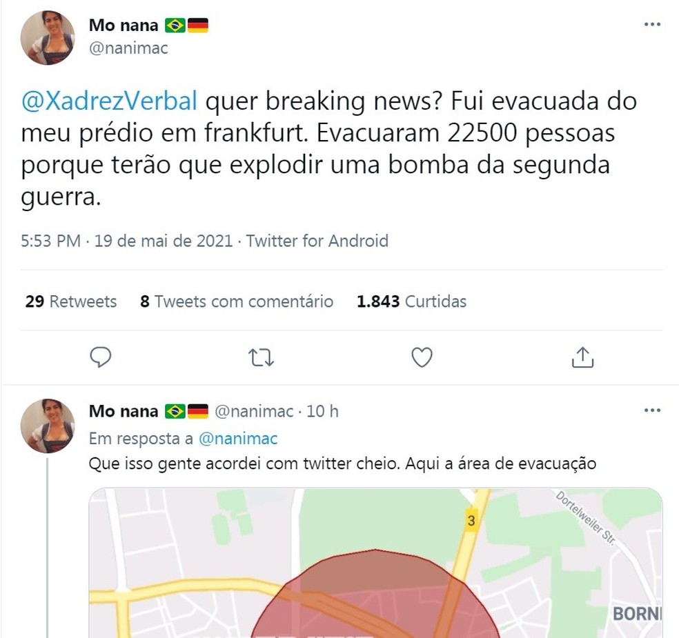 Tweet sobre a evacuação após a bomba de 500 kg ser encontrada (Foto: Reprodução ) — Foto: Glamour