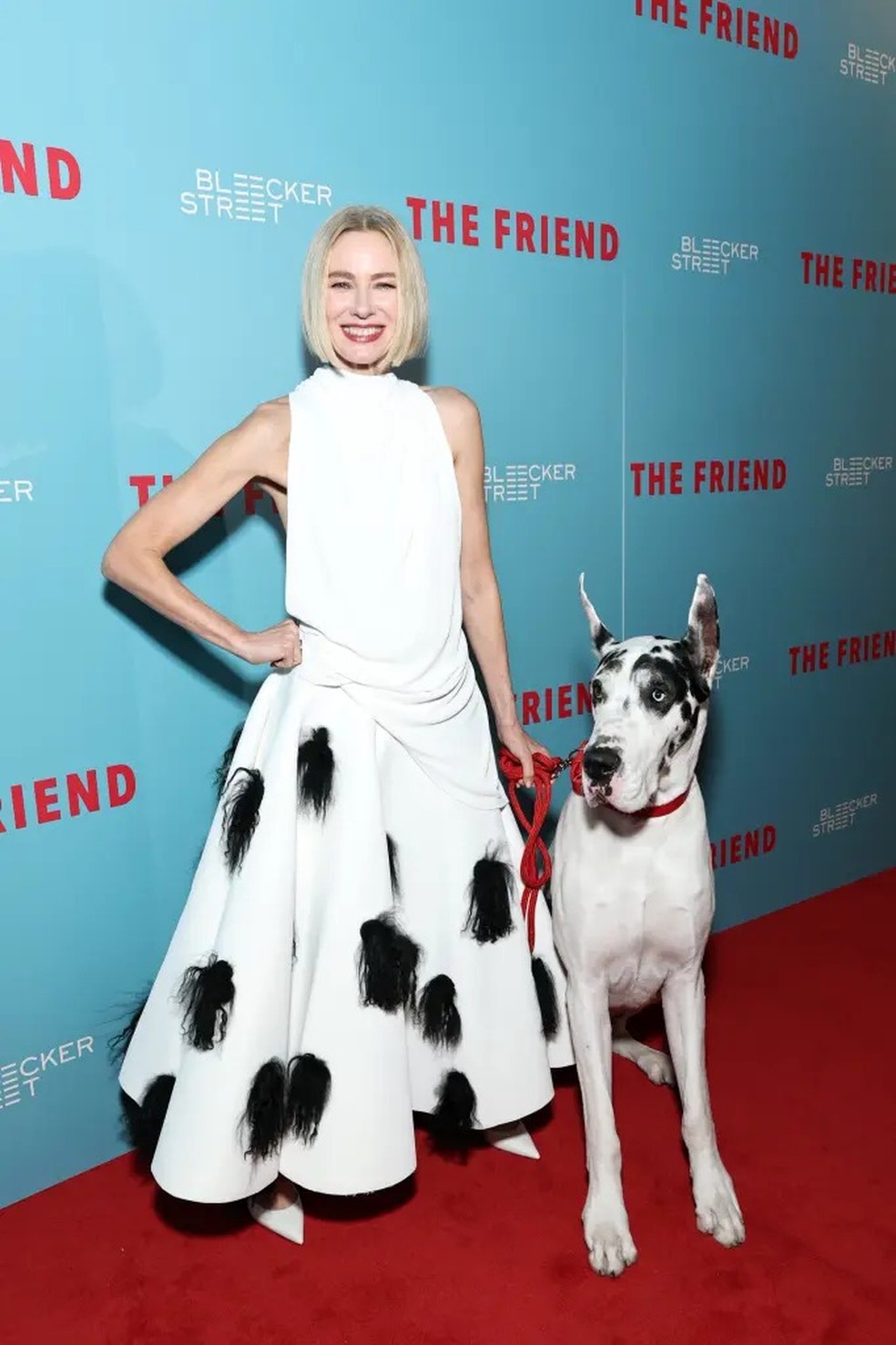 Naomi Watts coordena look grifado com cachorro na première de "The Friend" — Foto: Getty Images