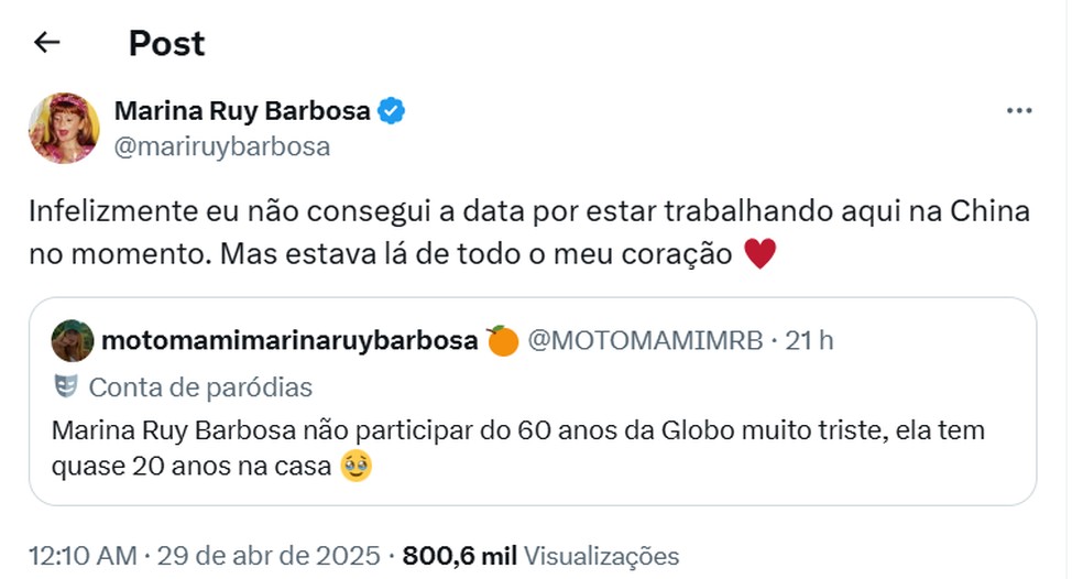 Marina Ruy Barbosa explica ausência na festa de 60 anos da Globo: "Infelizmente" — Foto: Reprodução/Instagram