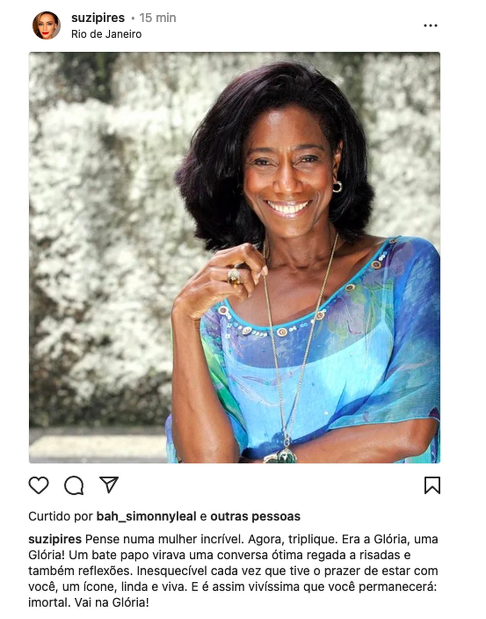 Suzana Pires fala de Gloria — Foto: Reprodução/Instagram