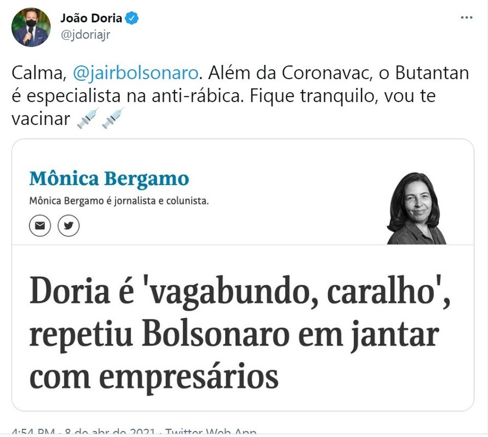  Tweet de João Doria (Foto: Reprodução) — Foto: Glamour