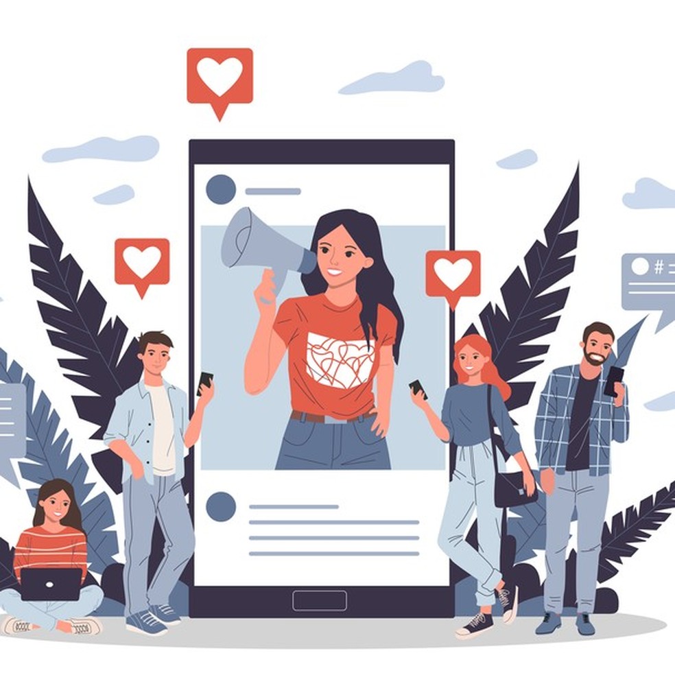 Blogger promoting goods and services for followers online vector illustration. Potential product consumers reading influencer advices. Online engagement communication business, digital marketing (Foto: Getty Images/iStockphoto) — Foto: Glamour