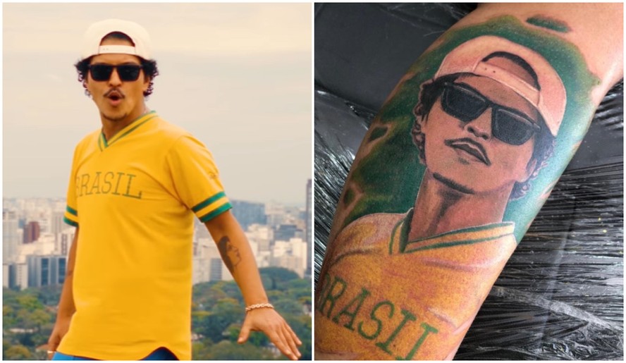 Bruno Mars compartilhou tatuagem feita por fã brasileira com seu rosto