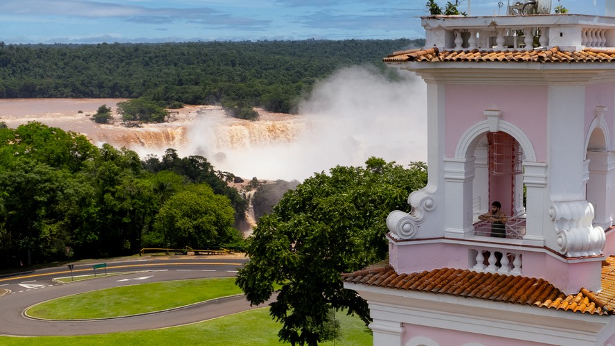 Foz do Iguacu Brazil aerial view city hotels Parana river