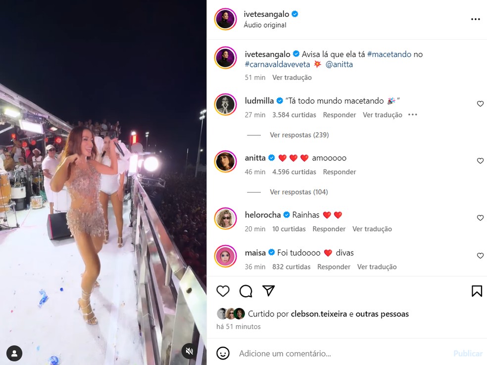 Ludmilla comenta vídeo de Anitta cantando sua música — Foto: Reprodução/Instagram
