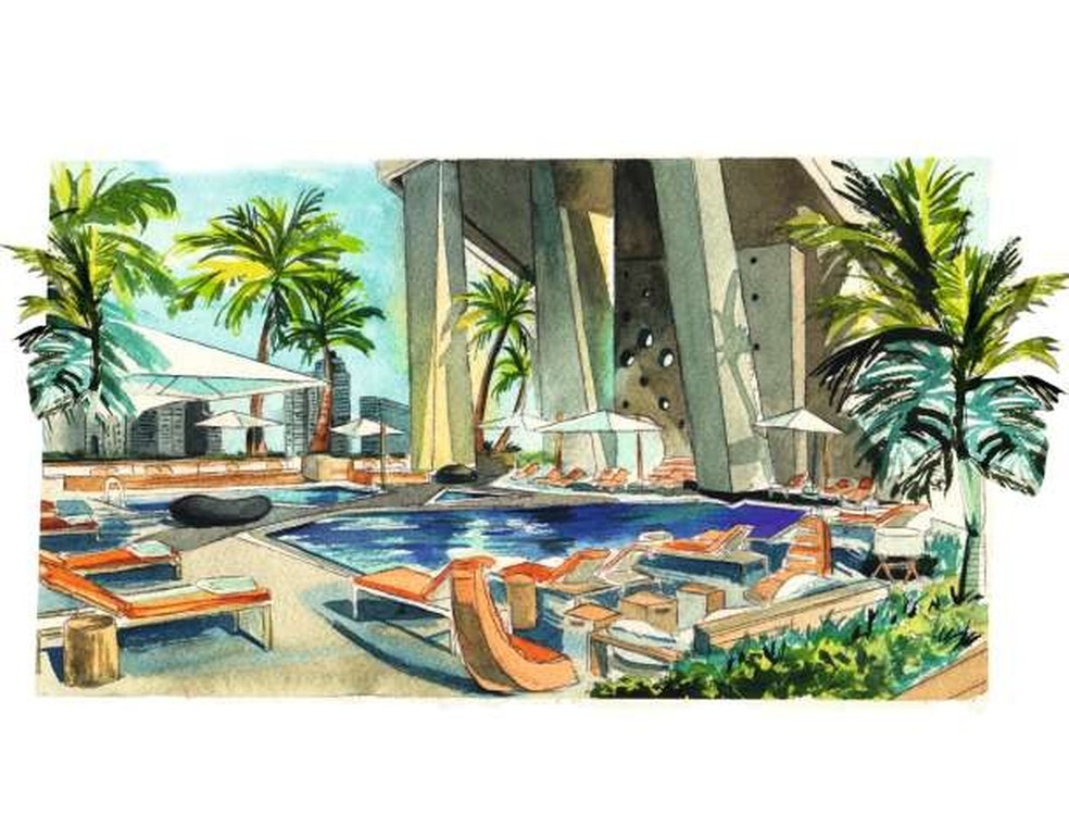 O charme do novo hotel EAST Miami, na ilustração de Camila Picheco (Foto: Camila Picheco) — Foto: Glamour