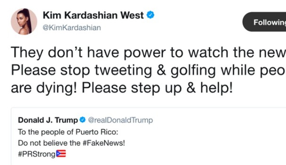 Kim Kardashian alfinetou o presidente Trump e pediu que ele também ajudasse as vítimas do furacão que atingiu Porto Rico (Foto: Twitter/Reprodução) — Foto: Glamour