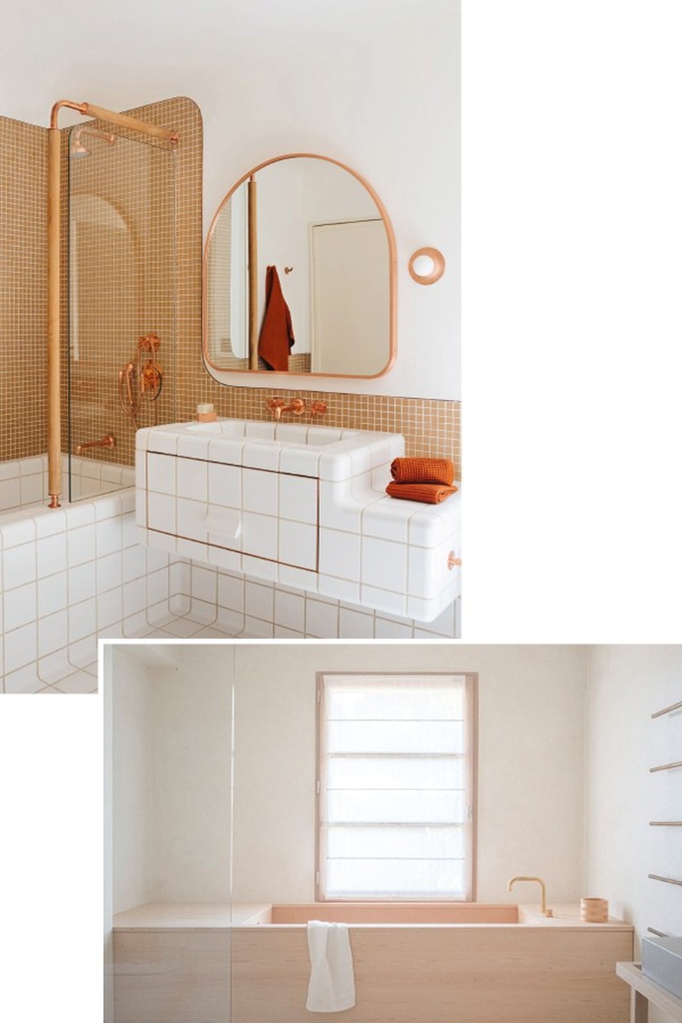 O Home Studios incrementou o banheiro branco com metais rose gold (foto do alto) | Em uma vibe mais minimalista, Timothee Mercier apostou na madeira como destaque (acima) — Foto: Glamour