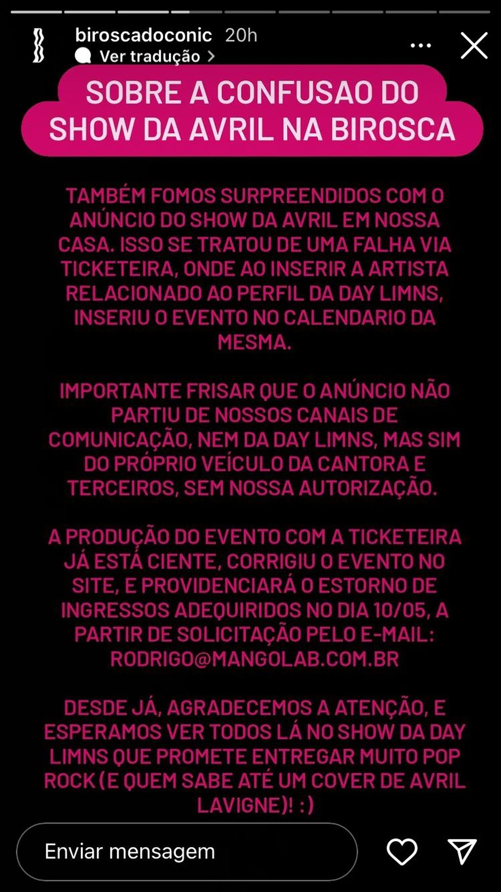 Postagem sobre Avril Lavigne  no Birosca do Conic — Foto: Reprodução/Instagram