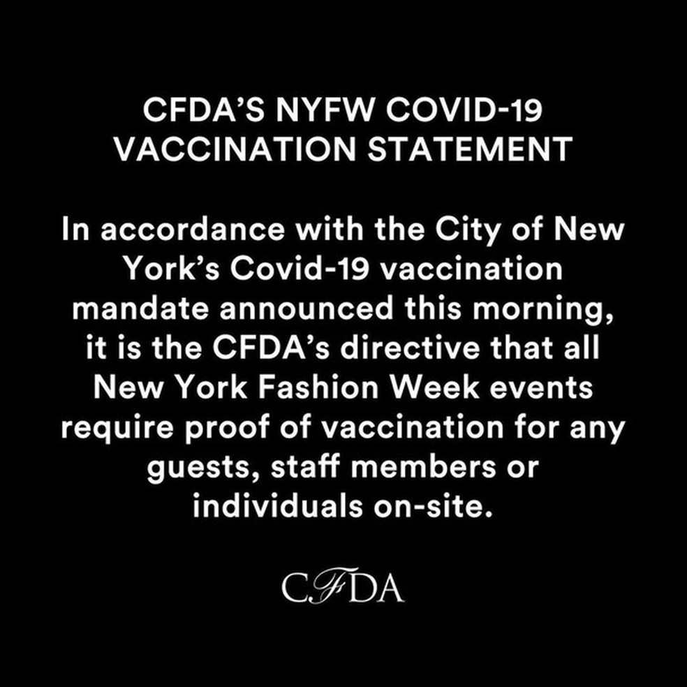 Semana de moda de Nova York vai exigir comprovante de vacinação de convidados e trabalhadores (Foto: @cfda) — Foto: Glamour