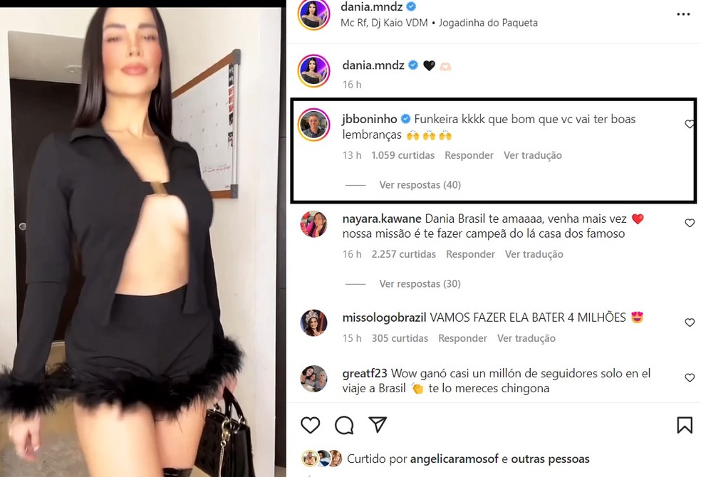 Comentário de Boninho no Instagram de Dania Mendez — Foto: Instagram