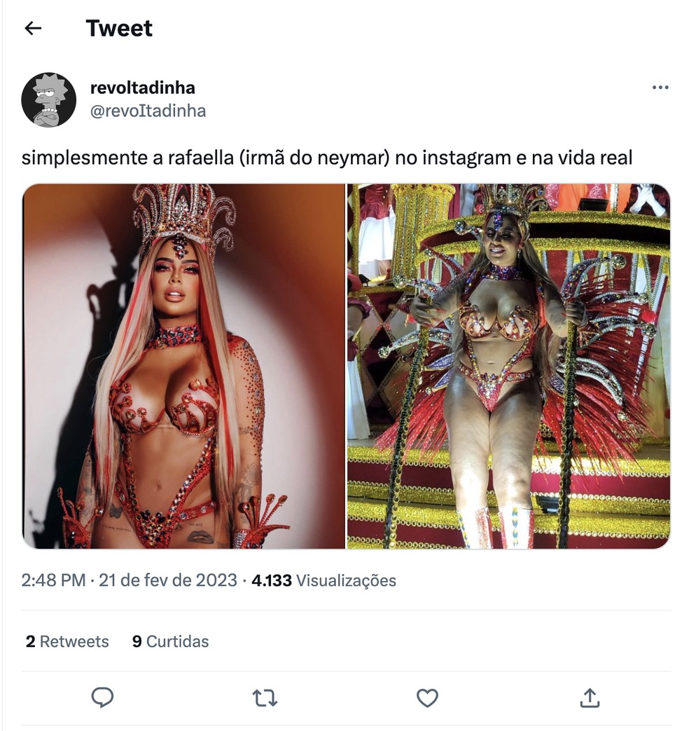 Rafaella Santos é alvo de críticas por diferença de foto postada em desfile  na Sapucaí