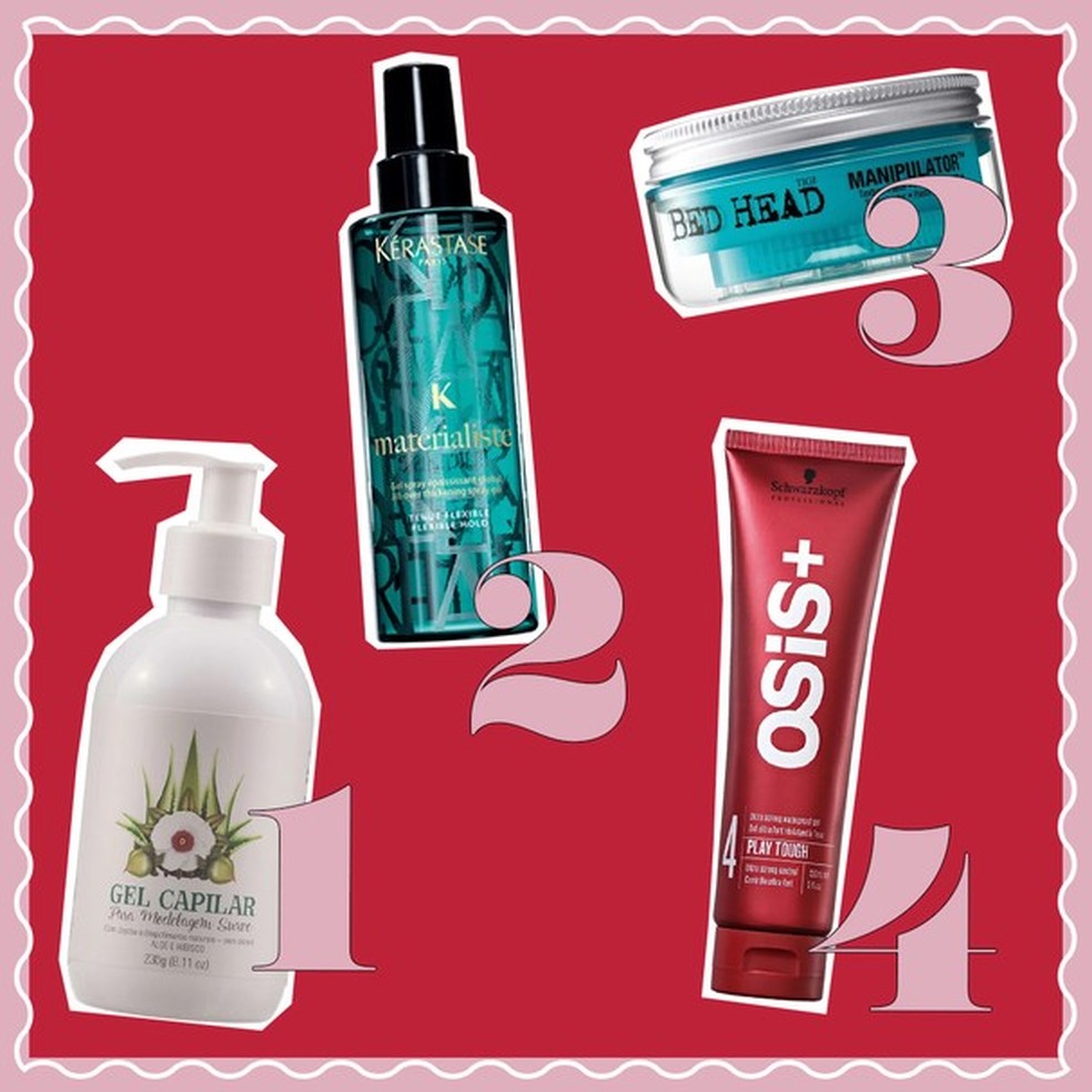 1. Gel Modelador Capilar Natural, Multi Vegetal à venda no Use Orgânico, R$ 40; 2. Gel Modelador em Spray Matérialiste, Kérastase, R$ 110; 3. Manipulator Pasta Texturizante, Tigi Bed Head, R$ 80; 4. Gel Finalizador Osis+ Rock Hard, Schwarzkopf Professiona (Foto: Divulgação) — Foto: Glamour