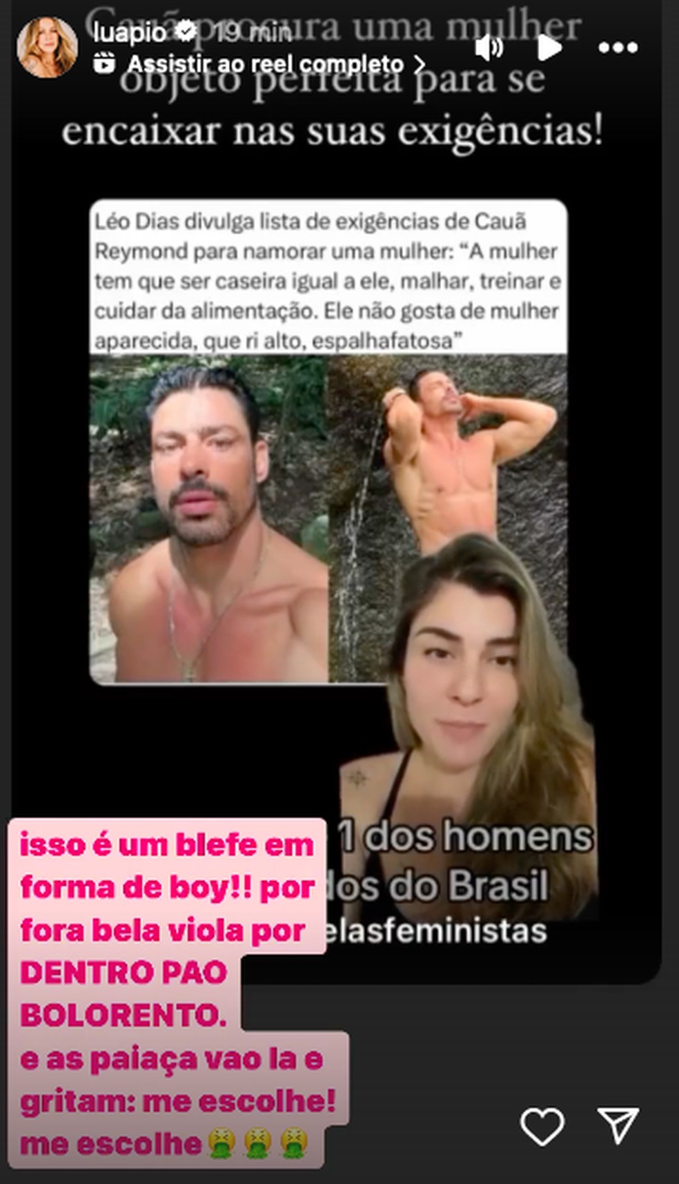 Luana dispara contra Cauã Reymond — Foto: Reprodução/Instagram