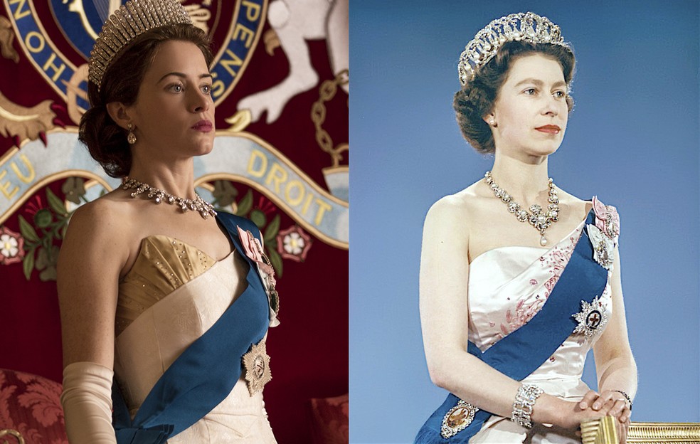 Claire Foy e Rainha Elizabeth II  — Foto: Foto 1: Netflix | Foto 2: From Wikimedia Commons, Unknown / Library and Archives Canada