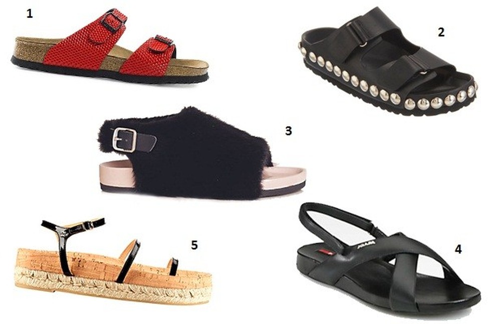No mercado: 1.Birkenstock (R$ 98), 2. Giambattista Valli (R$ 1.694,90), 3. Céline (R$ 1.784,63), 4. Prada (R$ 826,52) e 5. Chanel (R$ 947,15) (Foto: Divulgação) — Foto: Glamour