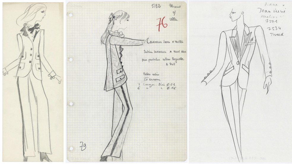 Dois primeiros croquis do Le Smoking e o terceiro da coleção de 1999 — Foto: Reprodução