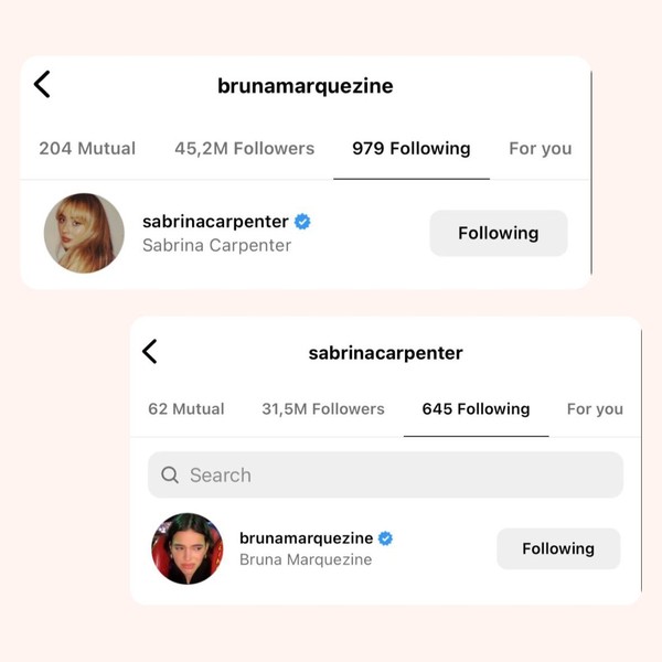 Bruna Marquezine e Sabrina Carpenter se seguem no Instagram e
