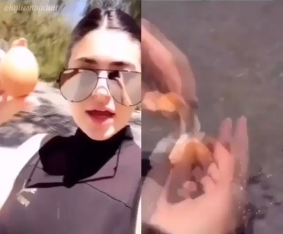 Kylie reproduz vídeo antigo feito com ovo no asfalto (Foto: Reprodução/Instagram) — Foto: Glamour