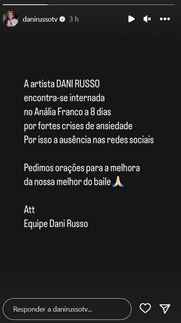 Dani Russo é novamente internada após crises de ansiedade, diz equipe