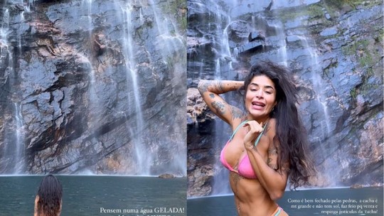 Aline Campos mergulha na fria Cachoeira do Label, em Goiás: "Valeu a pena"