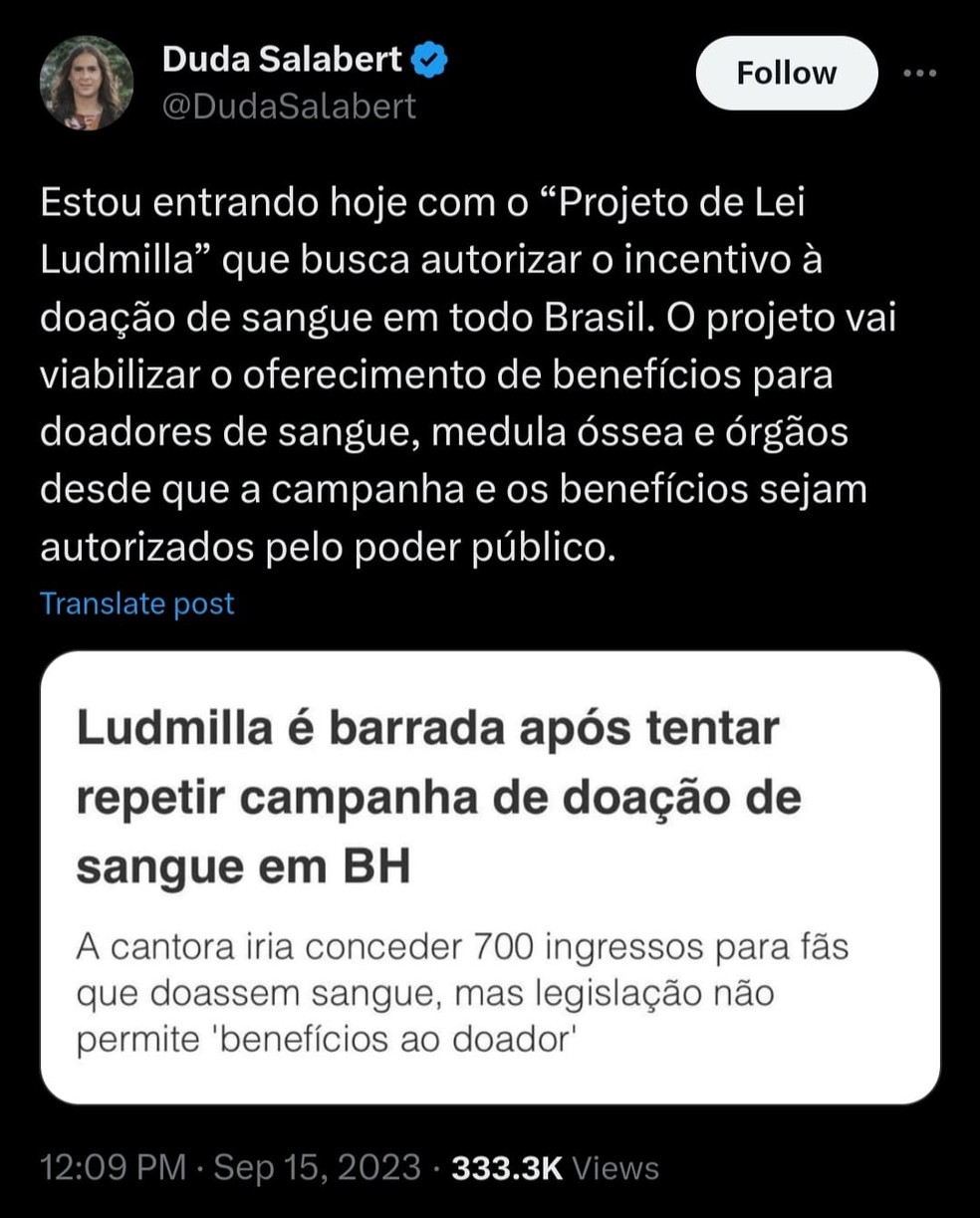Projeto de Lei Ludmilla: deputada Duda Salabert apresenta projeto de lei que incentiva à doação de sangue em todo o Brasil — Foto: Reprodução/Twitter