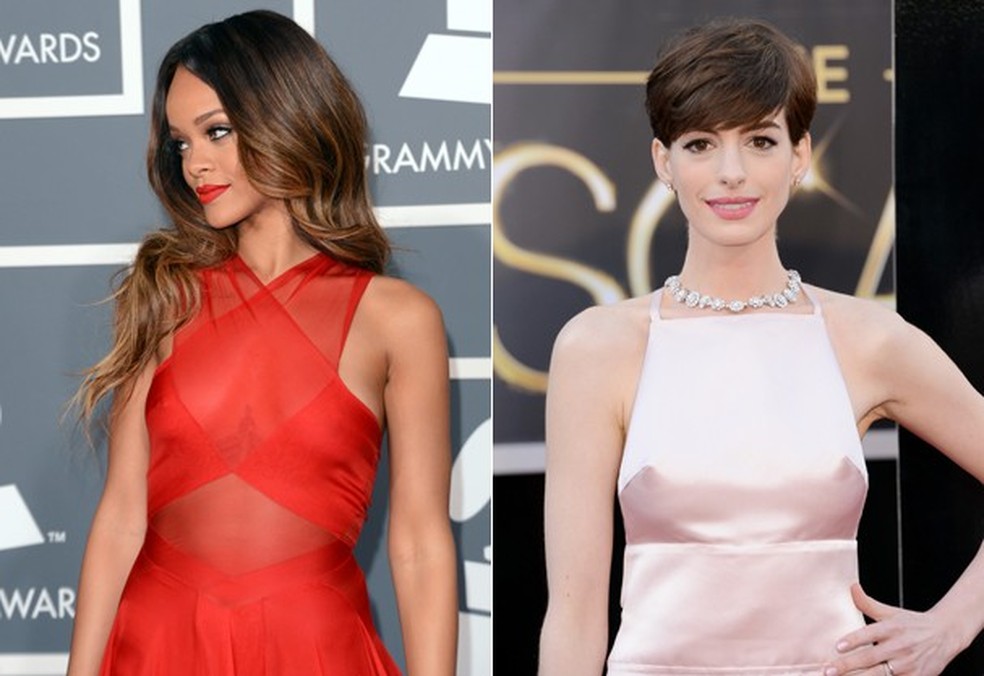 Rihanna e Anne Hathaway estão entre as celebridades que já causaram polêmica por não usar sutiã (Foto: Getty Images) — Foto: Glamour