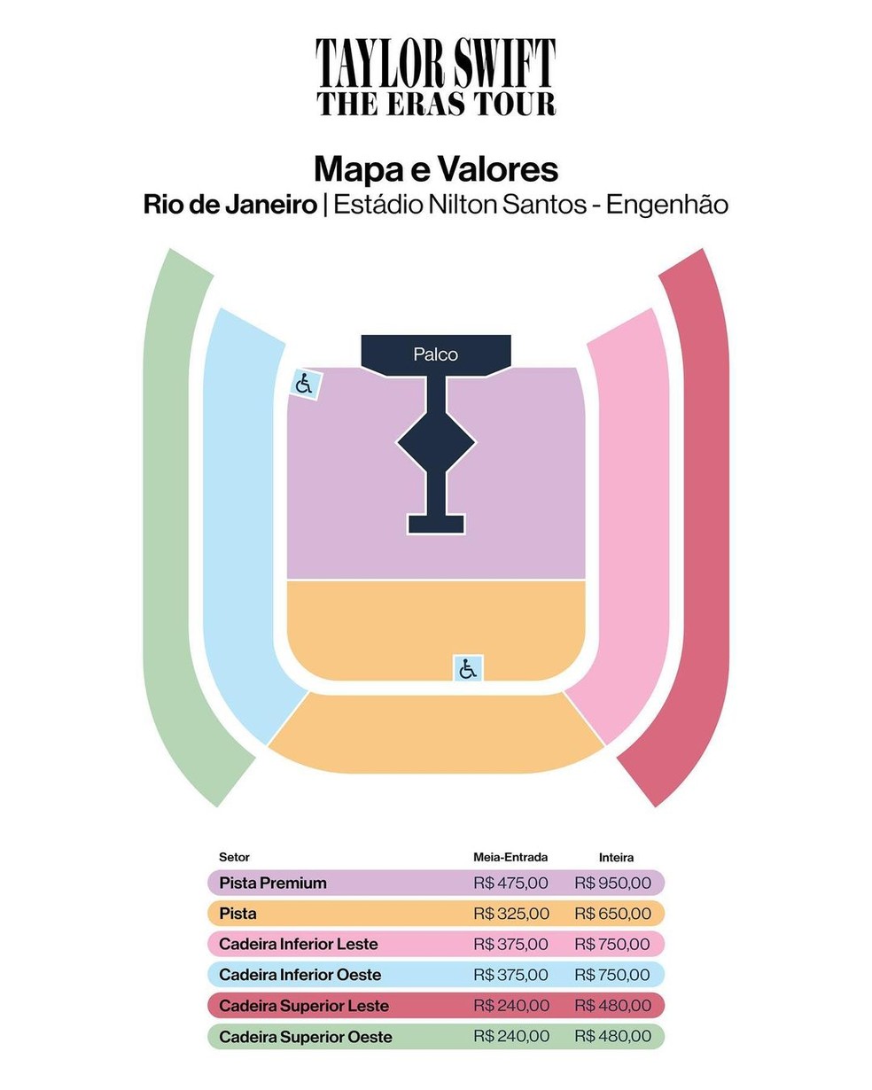Mapa dos assentos do show de Taylor Swift em São Paulo em 2023 — Foto: T4F