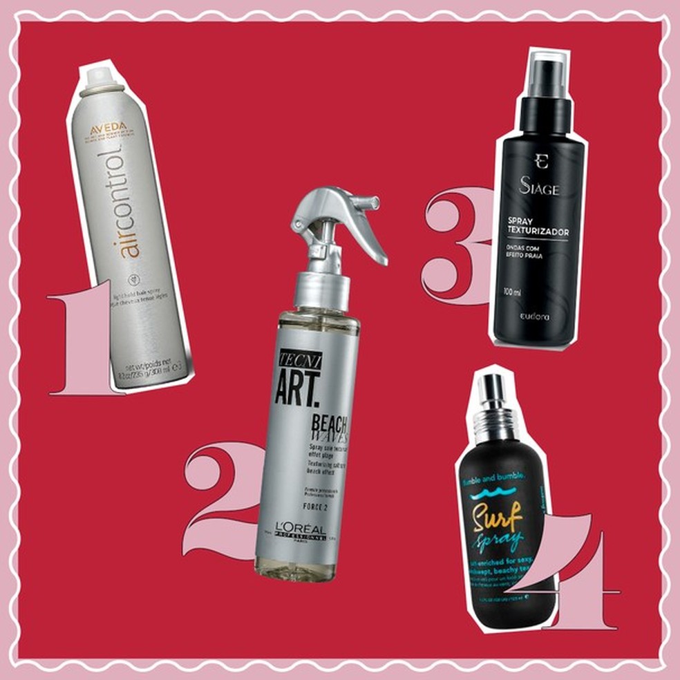 1. Spray Air Control, Aveda à venda no Slow Beauty, R$ 195; 2. Beach Waves Tecni Art, L'Oreal Professional, R$ 119; 3. Spray Texturizador Siáge, Eudora, R$ 34; 4. Surf Spray, Bumble and Bumble à venda na Sephora, R$ 60 (Foto: Divulgação) — Foto: Glamour