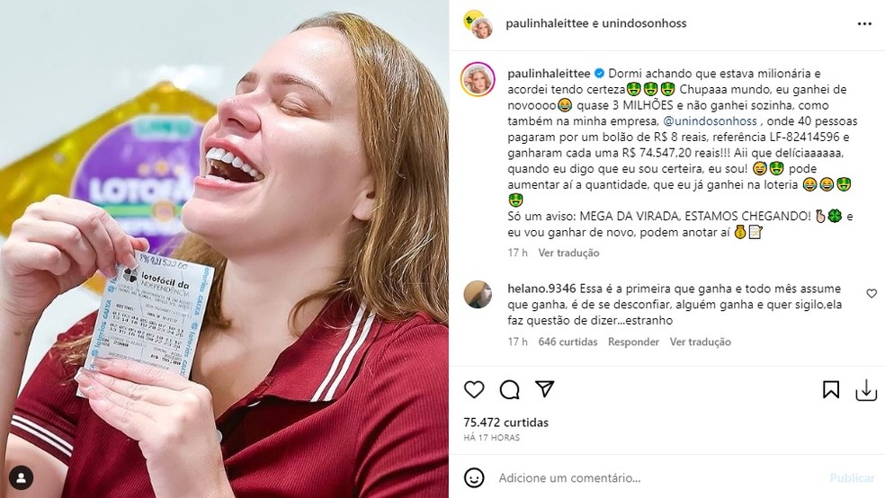 Paulinha Leite mostra bilhete premiado em loteria — Foto: Reprodução/Instagram
