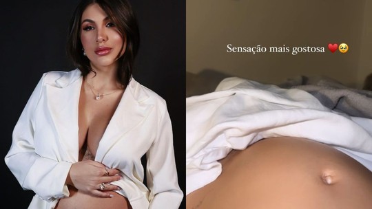 Grávida de Arthur Aguiar, Jheny Santucci mostra bebê mexendo na barriga