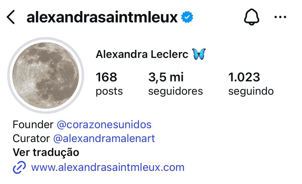 Perfil de Alexandra no Instagram — Foto: Reprodução/Instagram