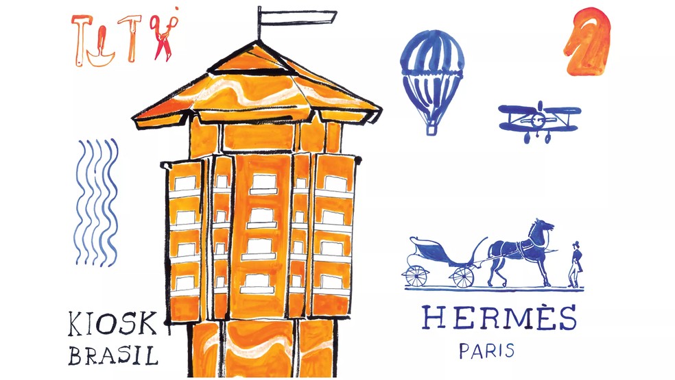Ilustração do Le Monde d'Hermès Kiosk, feita pelo artista Filipe Jardim junto com o Estúdo Rain, na adaptação do projeto para o Brasil — Foto: Divulgação